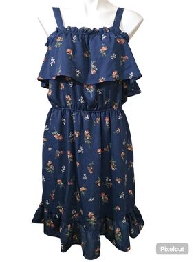 Liberty Love Navy Floral Ruffle Sundress with Coral Accents